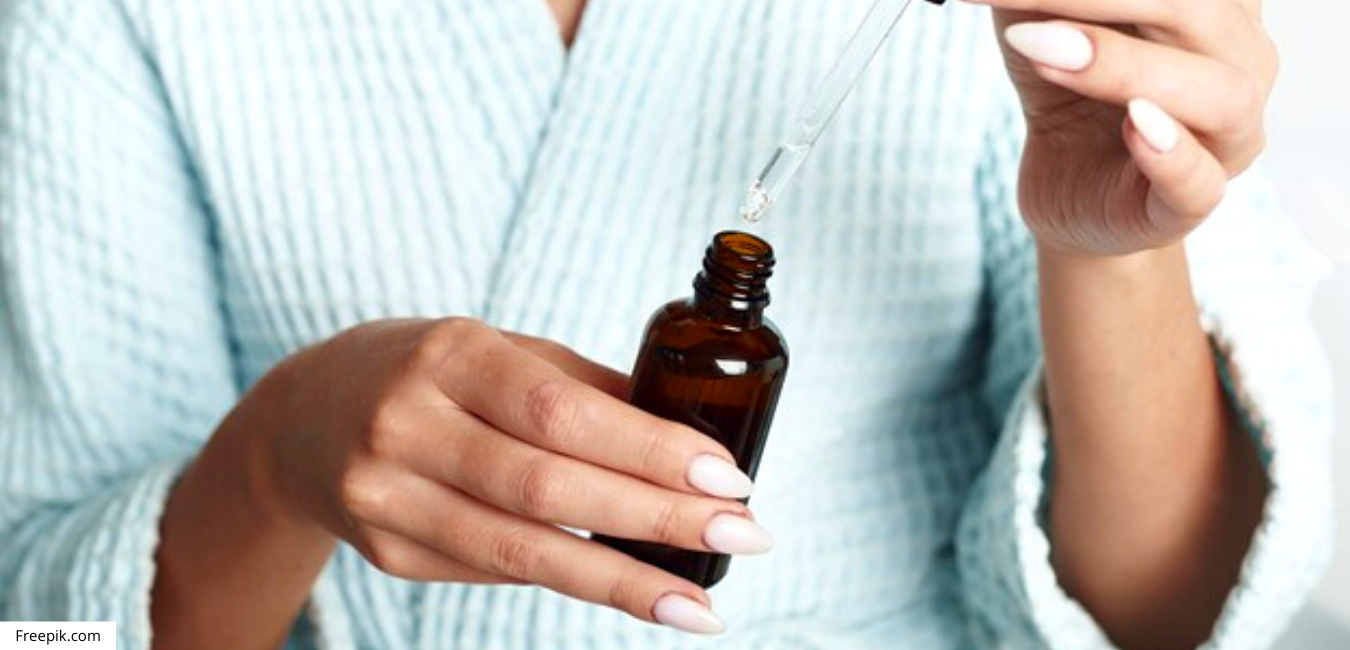 woman holding squalane oil before and after cosmetics